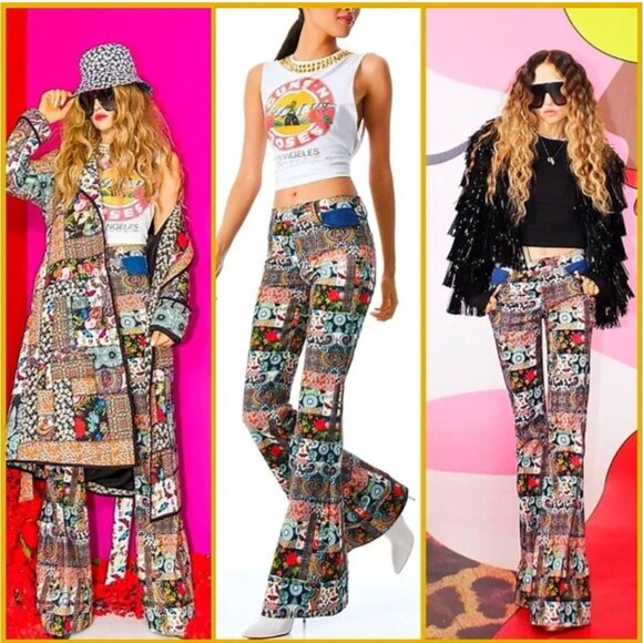 Alice + Olivia Beautiful Patchwork Mid Rise Denim Floral Flared Bell Jeans Sz 28 - Picture 2 of 15